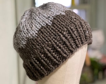 Brown Gray bulky wool blend hand knit beanie hat cap winter wear Luxury handmade