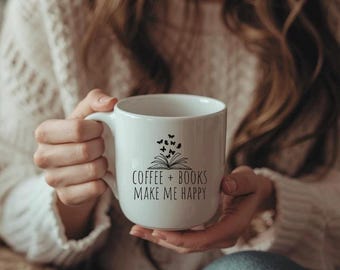 Coffee Books Make Me Happy Ceramic Coffee Mug 11oz - simple minimal - bookish books