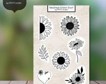 Sunflowers Original Art Sticker Pack, Sticker Sheet, Line Art Drawing, Bullet Journal, Stickers for Planner,