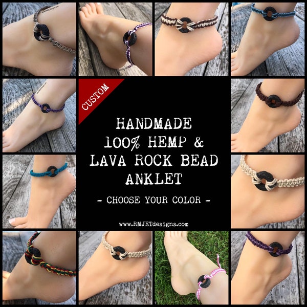 Custom HEMP & LAVA ROCK Bead - Choose Your Color Mother Earth Grounding Macrame Anklet Men Women Essential Oil Diffuser Aromatherapy Jewelry