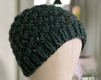 Green Wool Blend Handmade Knit Beanie hat | unisex OOAK Eco Friendly Winter hat for Men and Women Hand Knitted