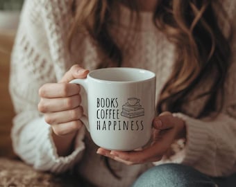 Books Coffee Happiness Ceramic Coffee Mug 11oz - simple minimal - bookish books