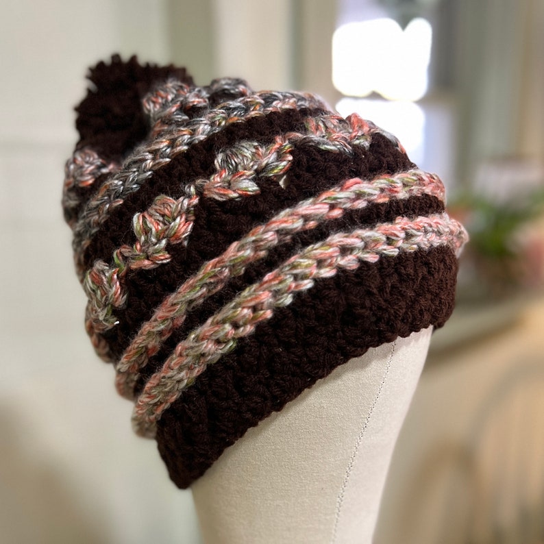 Brown Tan Mix Crochet Pom Pom Slouchy Beanie Hat Ready to Ship Vegan Friendly Winter Hat Women Hat Multi color hat Gift for her image 1