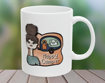 Happy Camper Artwork Ceramic Coffee Mug 11oz - simple minimal - gift for her - camping - Mother's Day