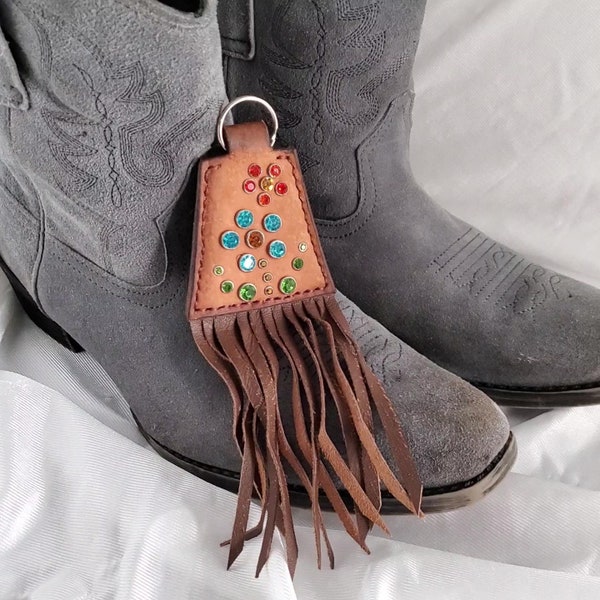 Keyring Leather Cowgirl Keychain Sassy Western Key Fob Rhinestone Flower Key Keeper with Fringe Southern Themed Accessory Tanned Leather