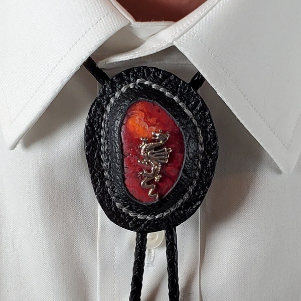 Bolo Tie Western Ware Fire Breathing Dragon Cowboy Necktie Gift for Him Black Leather Cord Black and Red Center Piece Accessory for Men