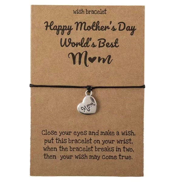 MAKE a WISH Bracelet | Happy Mother's Day HEART | World's Best Mom | Secret Message | Wax Cord Bracelet | Trendy | Friendship | Family