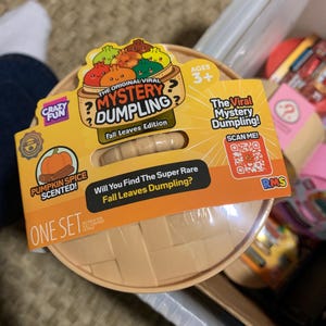 May include: A round, tan plastic container for The Original Viral Mystery Dumpling Fall Leaves Edition toy. The packaging features a cartoon dumpling graphic, a pumpkin spice scented label, a QR code, and the text Will You Find The Super Rare Fall Leaves Dumpling? The container has a woven basket texture on the lid and is designed for ages 3 and up.