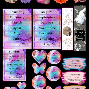 Pode incluir: Um planejador digital com fundos de aquarela coloridos e adesivos. O planejador inclui páginas mensais e semanais, bem como páginas para notas, objetivos e listas de tarefas. O planejador também inclui adesivos com citações sobre criatividade, crochê e costura.