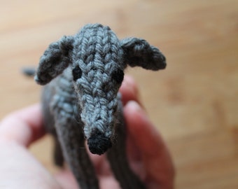 Personalized plush tiny stuffed animal hand greyhound amigurumi puppy dog ornament doll knit toy mini grayhound recycled crochet custom pet