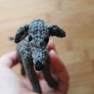 Personalized plush tiny stuffed animal hand greyhound amigurumi puppy dog ornament doll knit toy mini grayhound recycled crochet custom pet