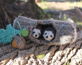 waldorf woodland log hedgehog play nature owl snail toadstool turtle hand knit possum stuffed animal small tiny mini tree green toy recycled