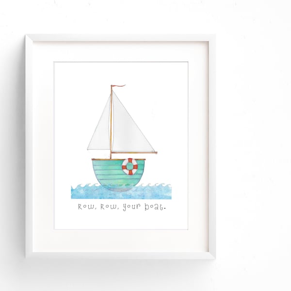 Nautical children's wall decor in blue with nursery rhyme "Row Row Row Your Boat" 8X10" Unframed. Unique birthday gift, or playful wall art.