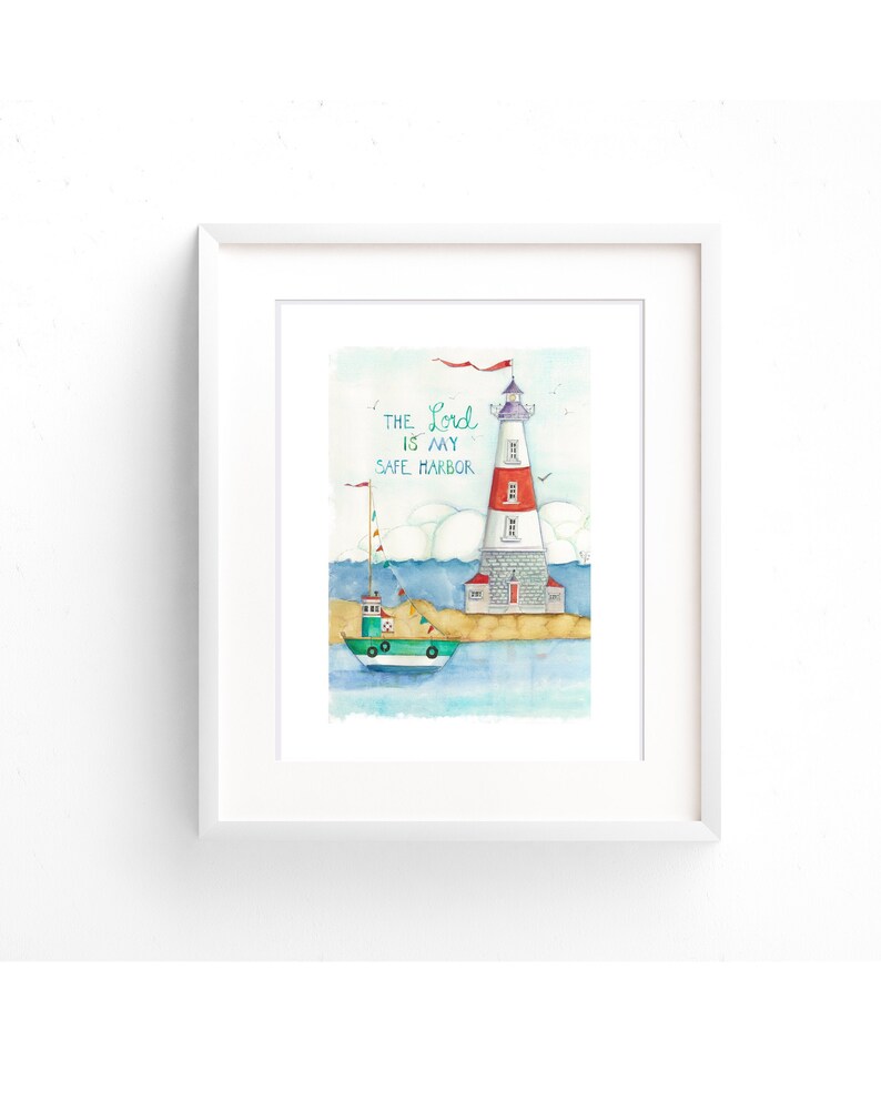 Safe Harbor Framed /& Matted with Calm Water and Rowboat a 9 x 12 Original Watercolor Scripture Painting