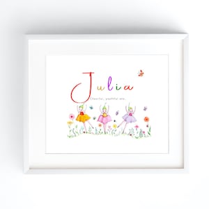 A little girls delight! Her name amongst the flowers as garden fairies dance in dreamy scene. A unique new mom&#39;s gift or girls wall decor.