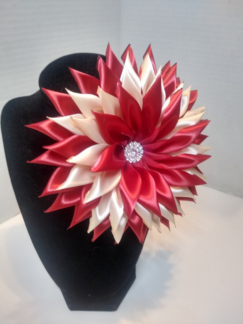 Pin Corsages Dark Red and Ivory Cream Satin Ribbon Flower Brooch