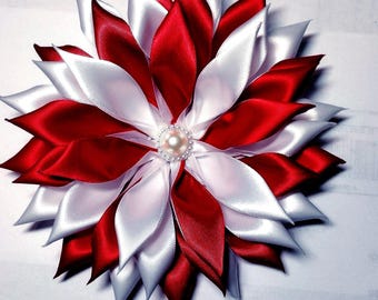 Pin Corsage Satin Ribbon Flower Pin Corsage Handmade Dark Red and White Brooch Formal Events Weddings-Double Layer