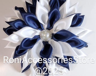 Pin Corsage Navy and White Single Layer Satin Ribbon Corsage Brooch - Made-to-Order Formal Events Weddings