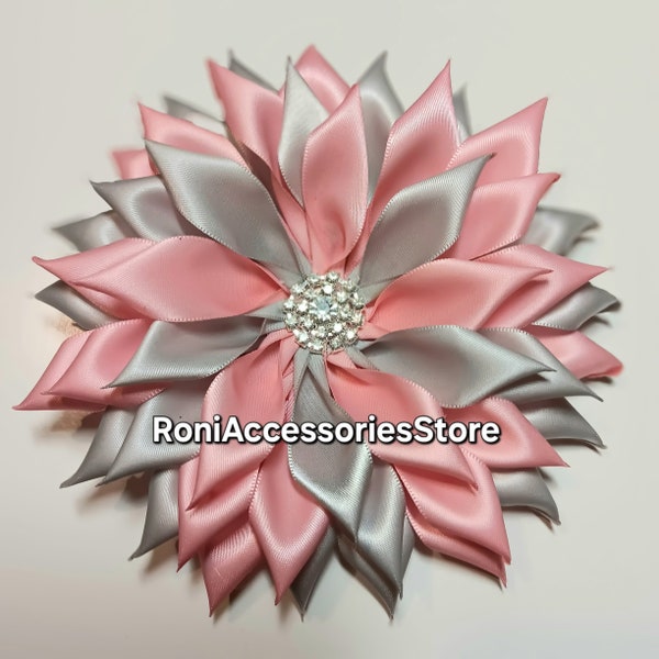 Pin Corsages Silver Gray and Pink satin ribbon Single layer Flower Brooch