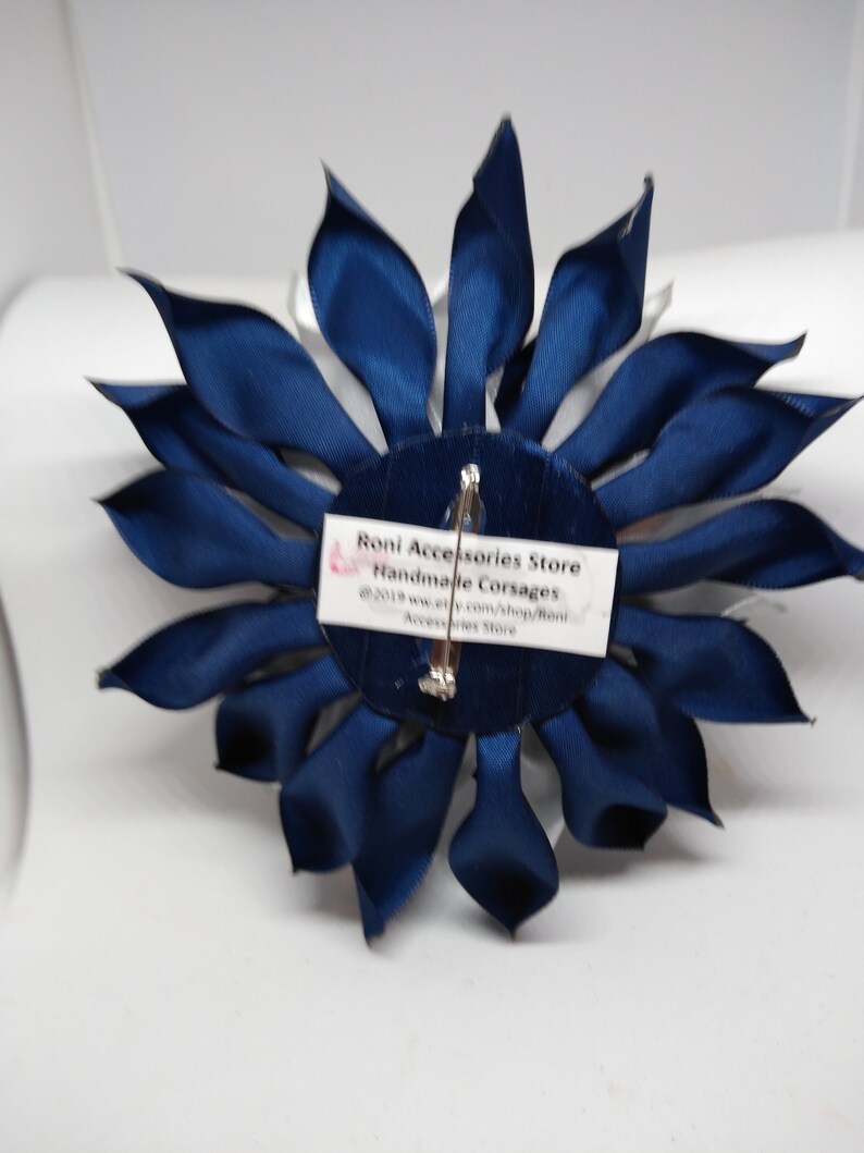 Corsage Navy Blue /& Silver Gray Rhinestone Satin Ribbon Brooch.