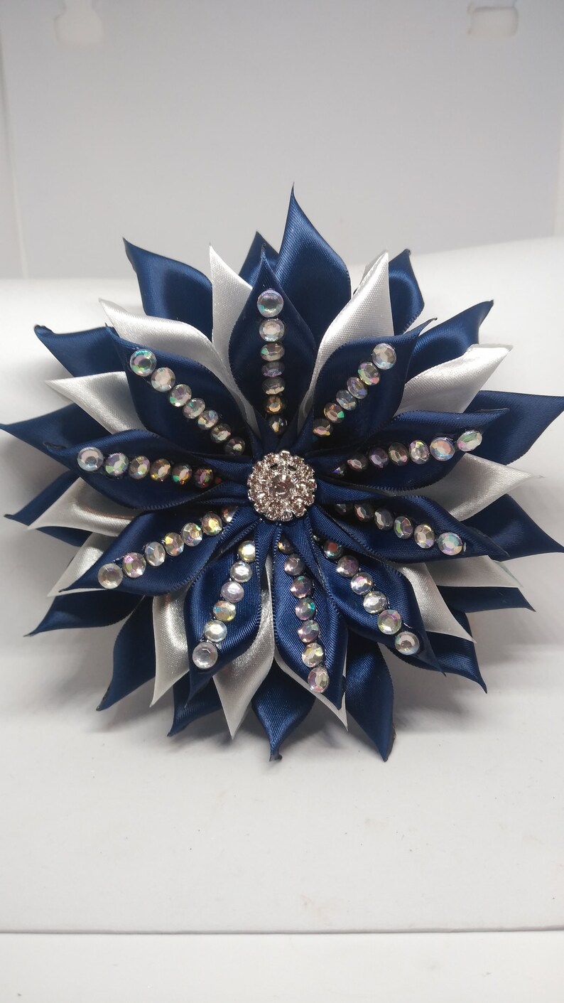 Corsage Navy Blue /& Silver Gray Rhinestone Satin Ribbon Brooch.