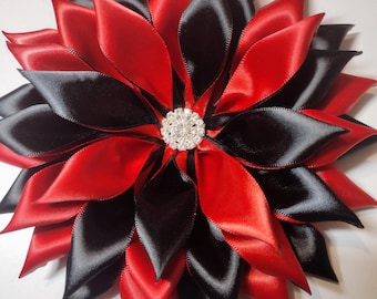 Pin Corsage-Red and Black Double Layered Satin Ribbon  Brooch  by seller -made-to-order
