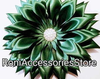 Pin Corsage Forest Green Single  layer satin ribbon Flower Brooch   Formal Events Weddings brooch pin