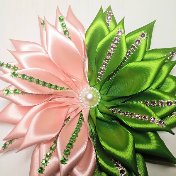 Pin Corsage- Pink and Green Bling Custom made Satin Double Ribbon Brooch.