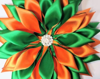 Pin Corsage Emerald Green and Orange Satin Double Layered Ribbon Brooch.