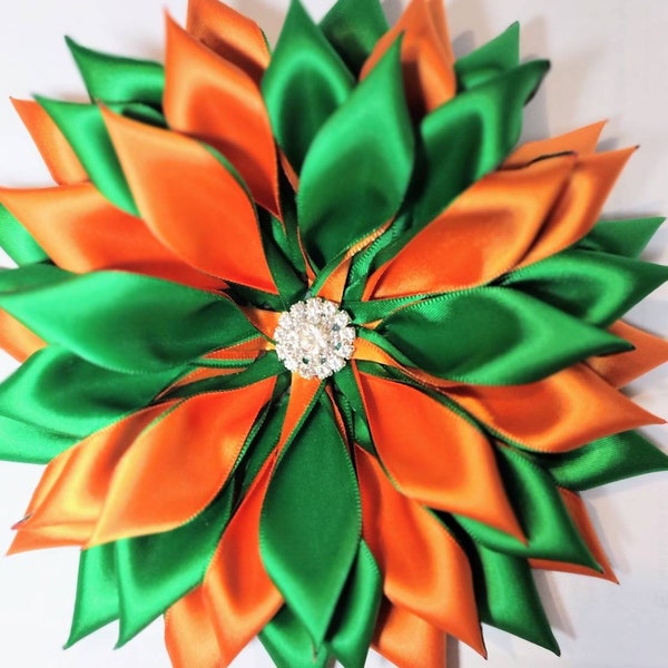 Pin Corsage Emerald Green and Orange Satin Double Layered Ribbon Brooch.