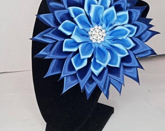 Pin Corsage Light Blue & Royal Blue Satin Ribbon Flower Brooch  Formal Events Weddings brooch pin