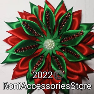 Pin Corsages Green and Red Satin Ribbon Flower Brooch