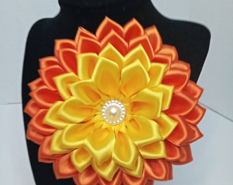 Pin Corsage Orange and Yellow Satin Ribbon Flower Brooch Handmade by seller