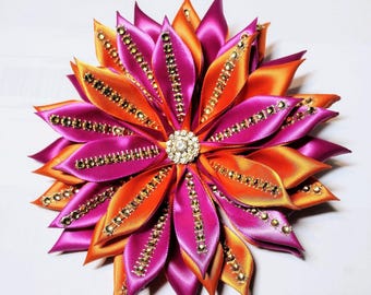Pin Corsage Fuchsia, Orange Corsage: Gold Brooch, Double Satin Ribbon Formal Events-Double Layer