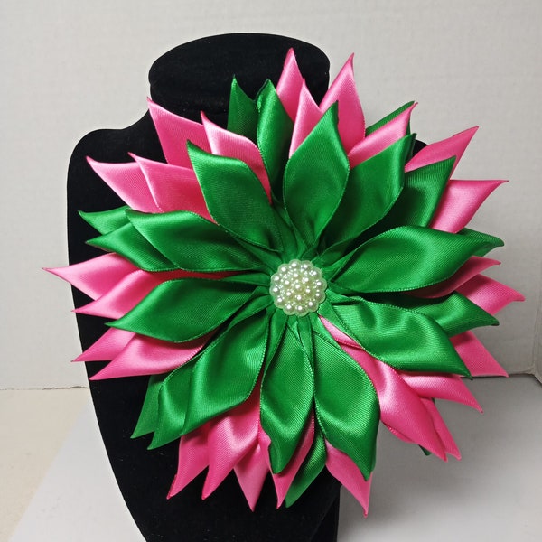 Pin Corsages Dark Green and Pink  Satin Ribbon Flower Brooch Handmade by seller