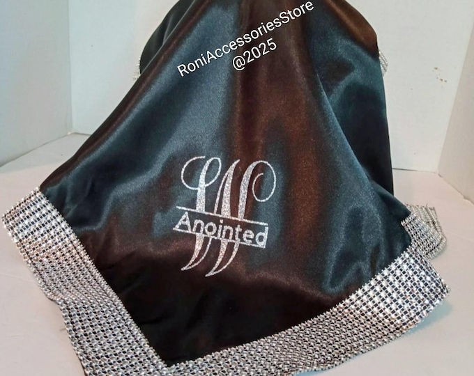 Featured listing image: Lap Scarves: Monogrammed Black Satin Lap Scarf with Rhinestone Trim - Custom Church Veil (select your color satin)