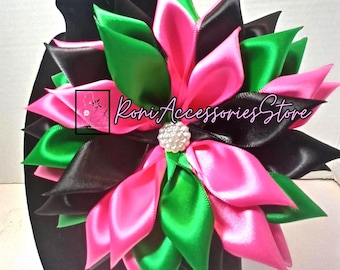 Pin Corsage Emerald Green, Hot Pink, and Black Satin Ribbon Corsage: Double Layer  Brooch
