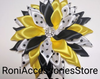 Pin Corsage Yellow, Black, Polka Dots Satin Ribbon Brooch.