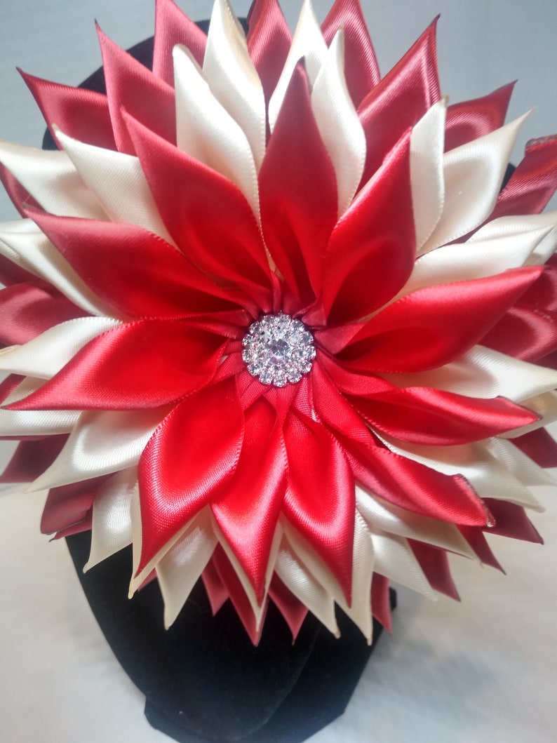 Pin Corsages Dark Red and Ivory Cream Satin Ribbon Flower Brooch