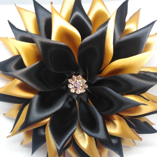 Pin Corsages- Black and Yellow Gold satin Ribbon Flower Brooch Handmade by seller