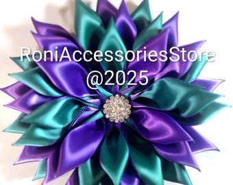 Pin  Satin Ribbon Corsage: Purple & Teal Brooch double layered