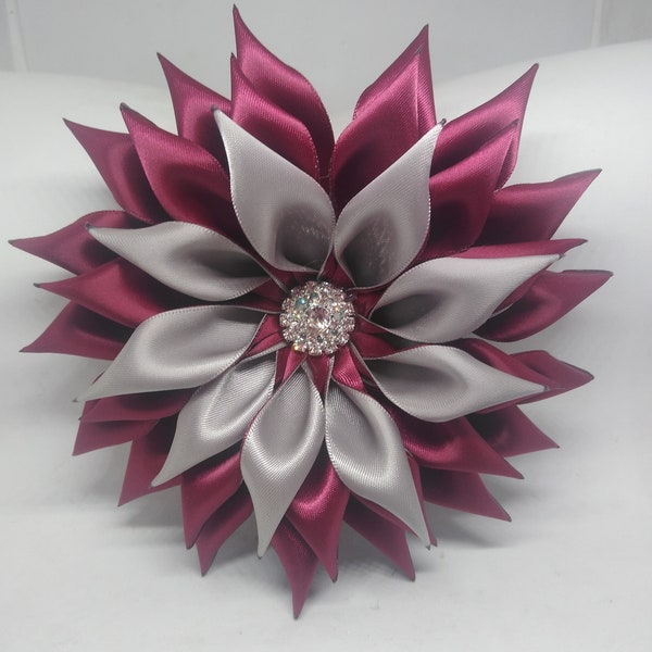 Pin Corsages Double Layer Wine/Burgundy and Gray Satin Ribbon Flower Brooch