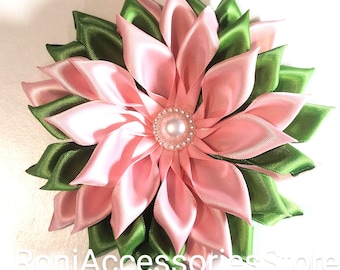 Pin Corsage Satin Ribbon handmade Brooch: Green and Pink Single layer