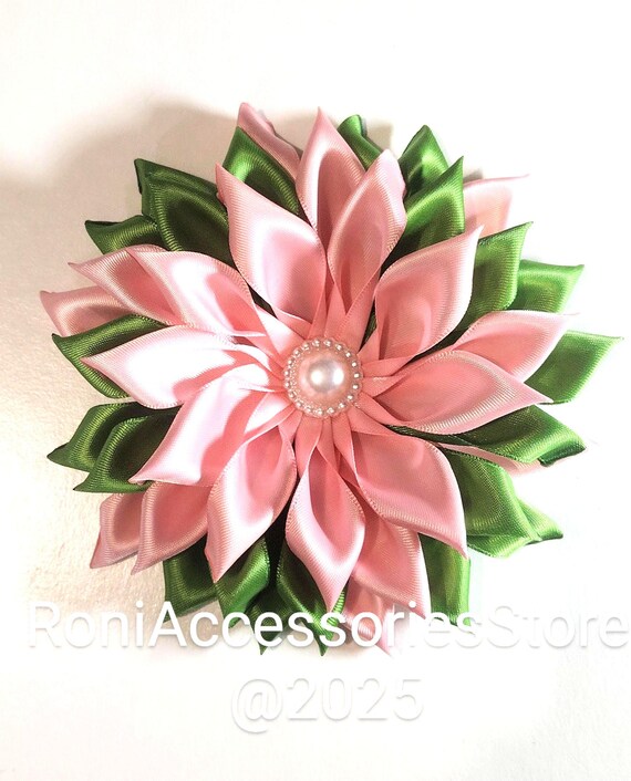 Flower Pin Corsage Satin Ribbon handmade Brooch: Green and Pink Single layer