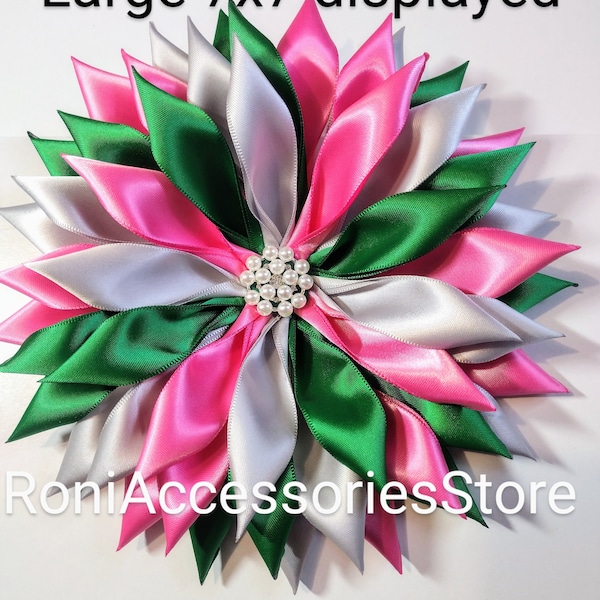 Pin Corsages Double Hot Pink color and Emerald Green and Silver Satin Ribbon Brooch (Large Size Displayed) Handmade by seller