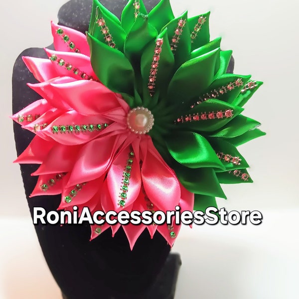 Pin Corsage-Hot Pink and Emerald Green Bling Custom made Satin Double Ribbon Brooch.