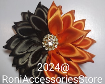 Pin Corsage- Orange and Brown Custom made Satin Double Ribbon Brooch.