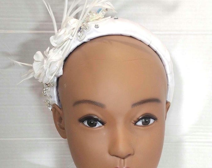 Featured listing image: Padded Headband: Pin Corsage to match White Rhinestone Church hat, white bridal padded headband