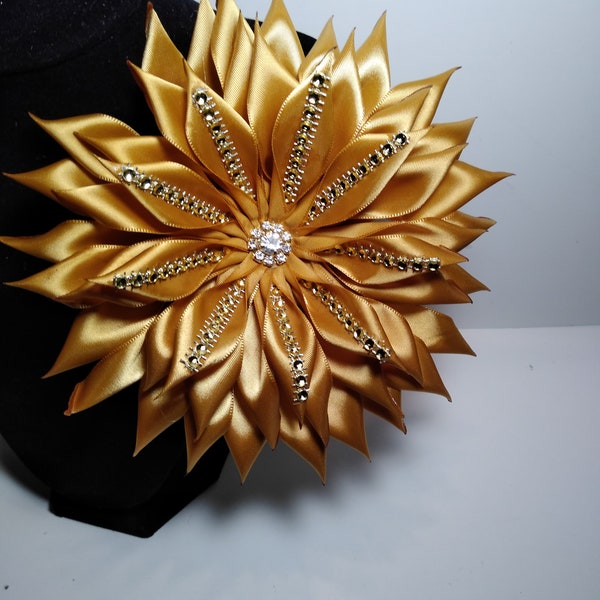 Pin Corsages Golden Gold Satin Ribbon Flower Brooch