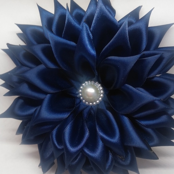 Pin Corsages Navy Blue single layer satin ribbon Flower Brooch